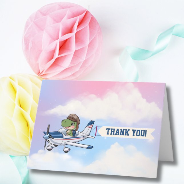 Carte De Remerciements Cute Blue White avion & Dinosaur Anniversaire de e (Créateur téléchargé)