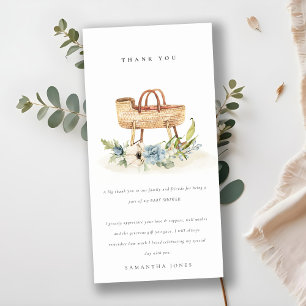 Carte De Remerciements Cute Boho Nursery Blue Floral Bassinet Baby shower