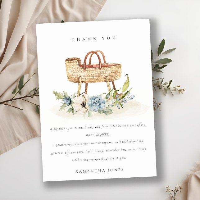 Carte De Remerciements Cute Boho Nursery Blue Floral Bassinet Baby shower (Créateur téléchargé)