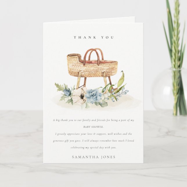 Carte De Remerciements Cute Boho Nursery Blue Floral Bassinet Baby shower (Devant)
