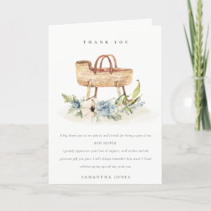 Carte De Remerciements Cute Boho Nursery Blue Floral Bassinet Baby shower