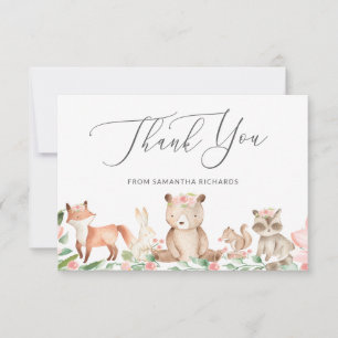 Carte De Remerciements Cute Bois Animaux Rose Floral Girl Baby shower