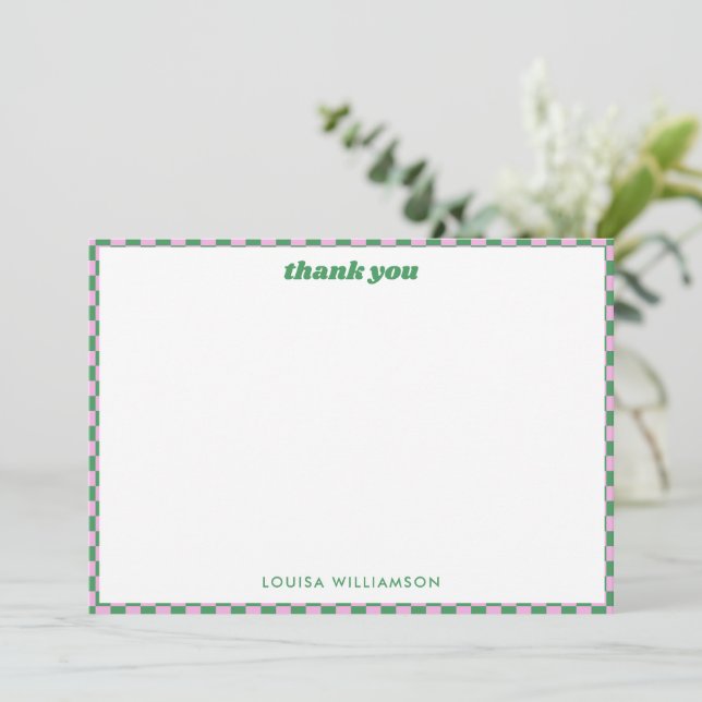 Carte De Remerciements Cute Checkerboard rose Vert 21e fête d'anniversair (Debout devant)
