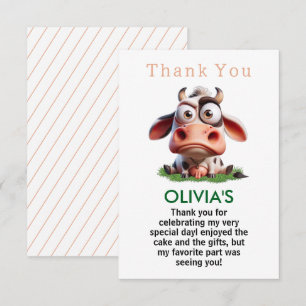 Carte De Remerciements Cute Cow Farm Animaux 2e fête d'anniversaire