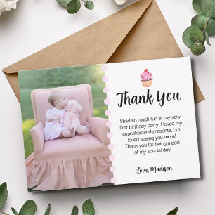 Carte De Remerciements Cute Cupcake Rose Girl Premier anniversaire de fêt