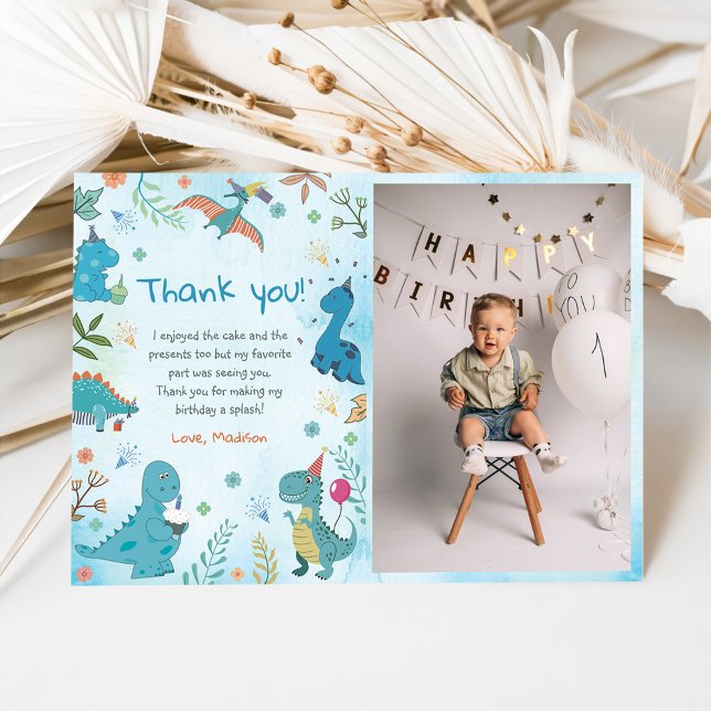 Carte De Remerciements Cute Dinosaur 1er anniversaire de fête Photo (Créateur téléchargé)