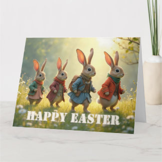 Carte De Remerciements Cute Easter Bunnies Walking in Spring Meadow