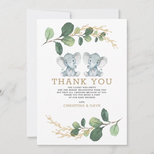 Carte De Remerciements Cute Elephant Jumeaux Baby shower d'or vert (Devant)