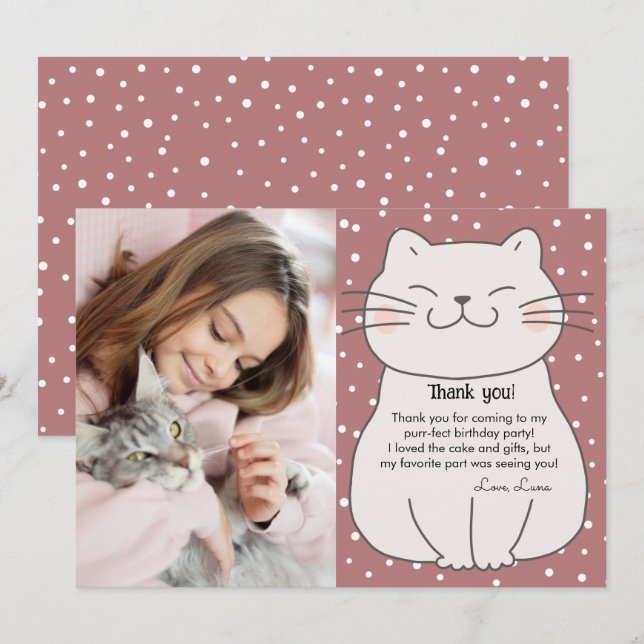 Carte De Remerciements Cute et moderne Kitten avec photo Anniversaire (Devant / Derrière)