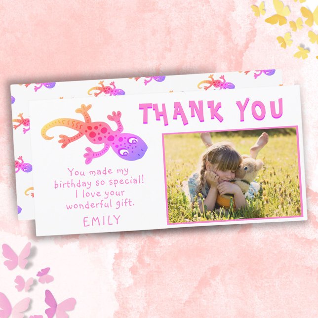 Carte De Remerciements Cute Gecko Lizard Rose Girl Photo Anniversaire (Créateur téléchargé)
