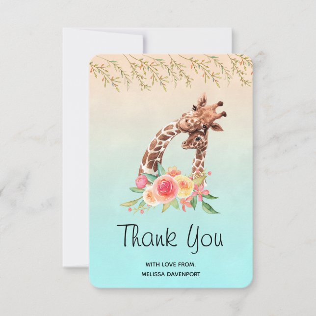 Carte De Remerciements Cute Giraffe Aquarelle Maman & Bébé (Devant)