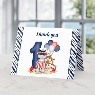 Carte De Remerciements Cute Hippo Marine Nautique Bleu 1er anniversaire g