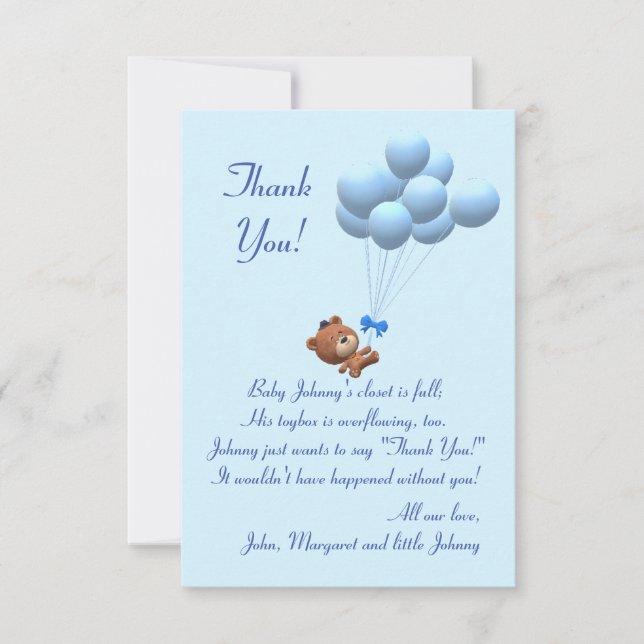Carte De Remerciements Cute It's a Boy Teddy Bear and Balloons Theme (Devant)