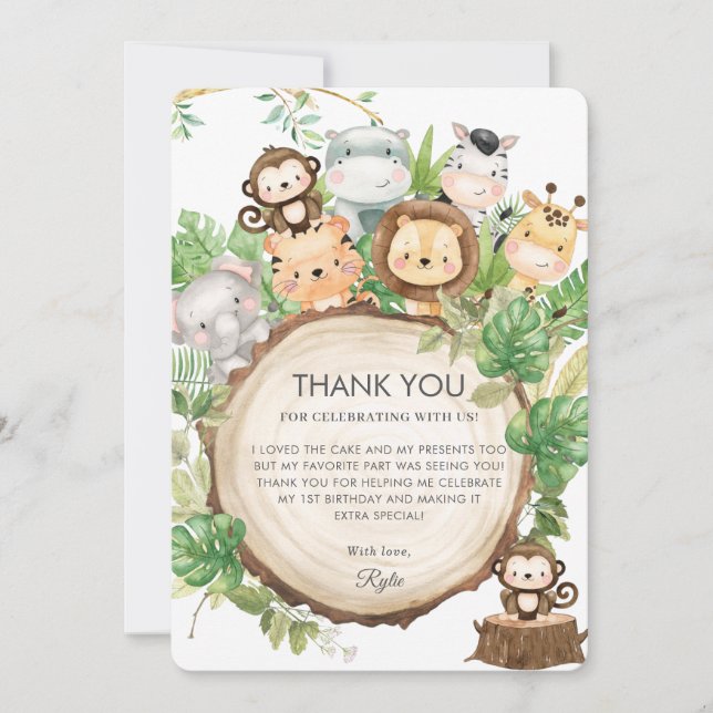 Carte De Remerciements Cute Jungle Animaux La verdure 1er anniversaire (Devant)