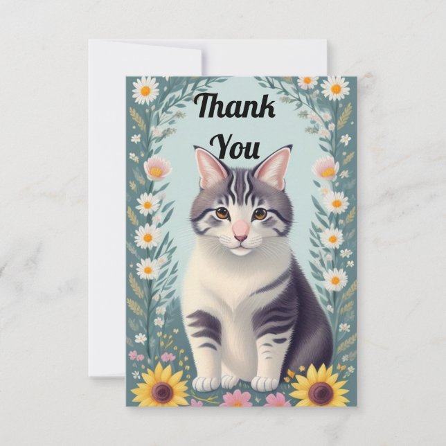 Carte De Remerciements Cute Kitten Et Fleurs (Devant)
