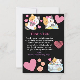 Carte De Remerciements Cute kitty noir et rose baby shower