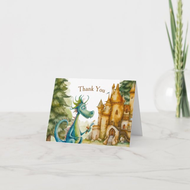 Carte De Remerciements Cute Knight Dragon Castle Anniversaire Fête Enfant (Devant)