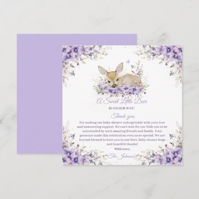 Carte De Remerciements Cute Lavande Purple Baby shower de cerfs floraux (Devant / Derrière)