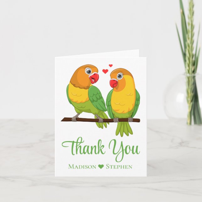 Carte De Remerciements Cute Lovebirds Inséparables verts Mariage (Devant)