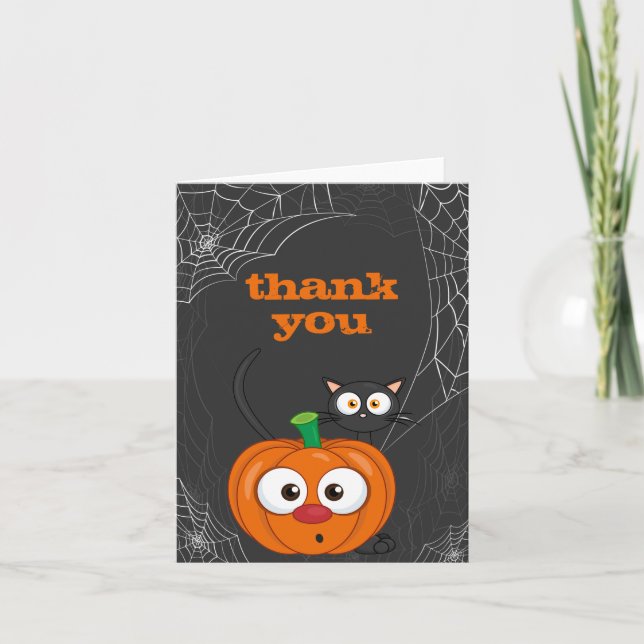 Carte De Remerciements Cute n Chat Éffrayant et Halloween Citrouille (Devant)