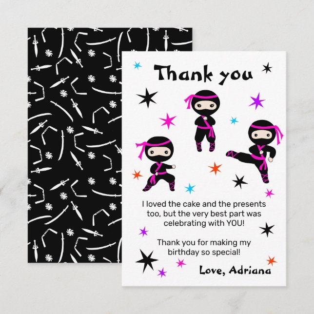 Carte De Remerciements Cute Ninja Filles guerrières rose fête d'anniversa (Devant / Derrière)