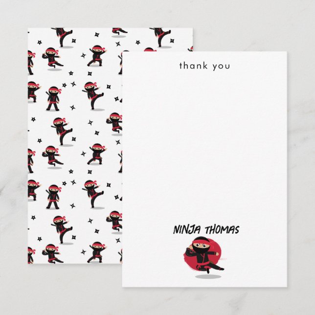 Carte De Remerciements Cute Ninja Warrior Noir & Rouge Enfants Nom Person (Devant / Derrière)