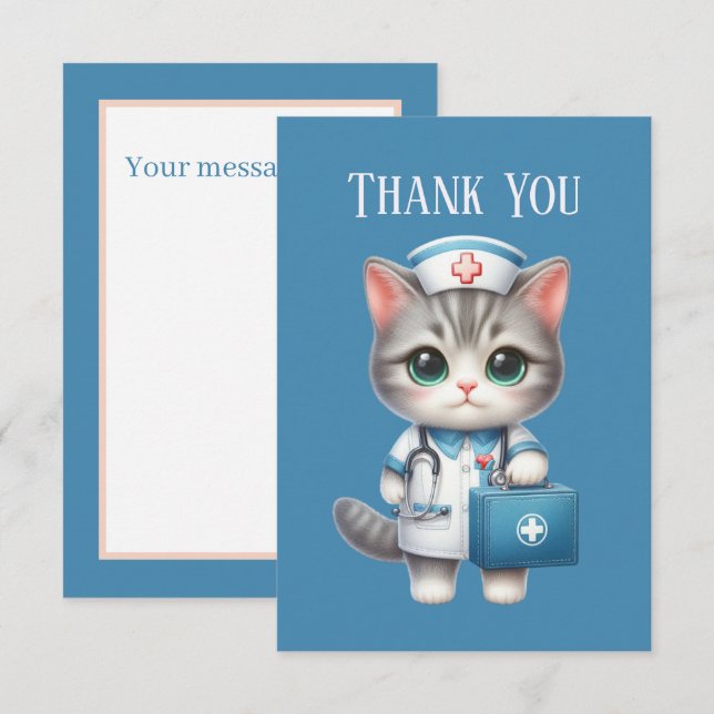 Carte De Remerciements Cute Nurse chat ajouter un message (Devant / Derrière)