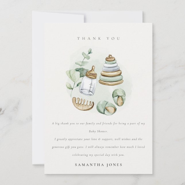 Carte De Remerciements Cute Nursery Essential Baby shower vert feuille (Devant)