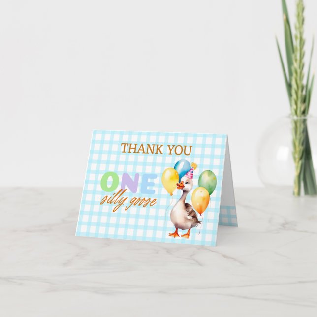 Carte De Remerciements Cute One Silly Goose Blue Boy 1er anniversaire (Devant)