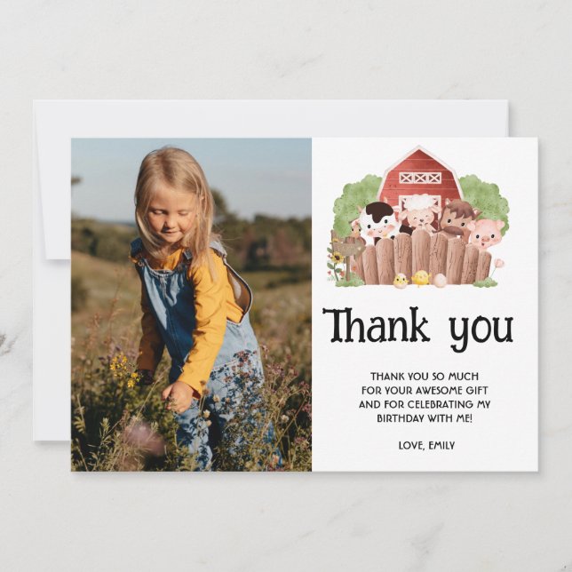 Carte De Remerciements Cute Photo Farm Animaux Anniversaire (Devant)