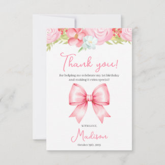 Carte De Remerciements Cute Pink Bow Girl First Birthday Thank You Card