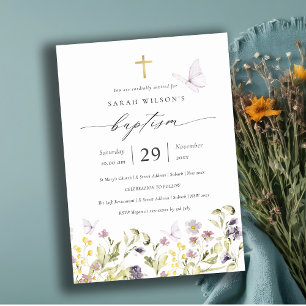 Carte De Remerciements Cute Pink Meadow Floral Butterfly Baptism Invitati