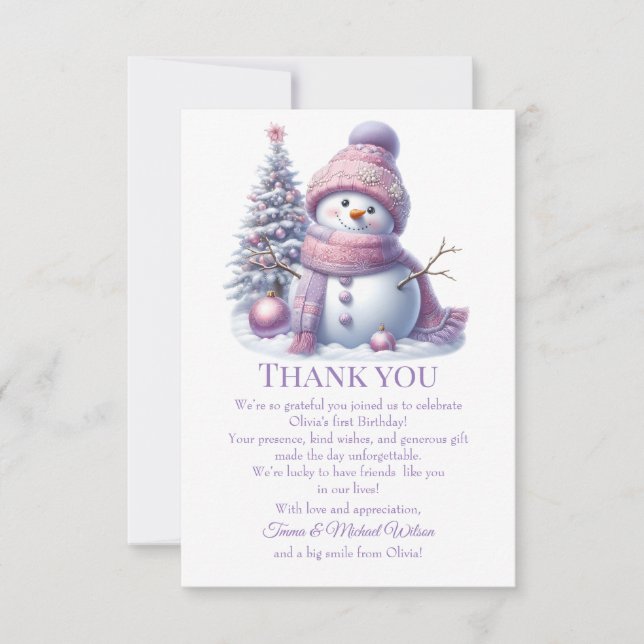 Carte De Remerciements Cute Pink Snowman Winter Birthday (Devant)