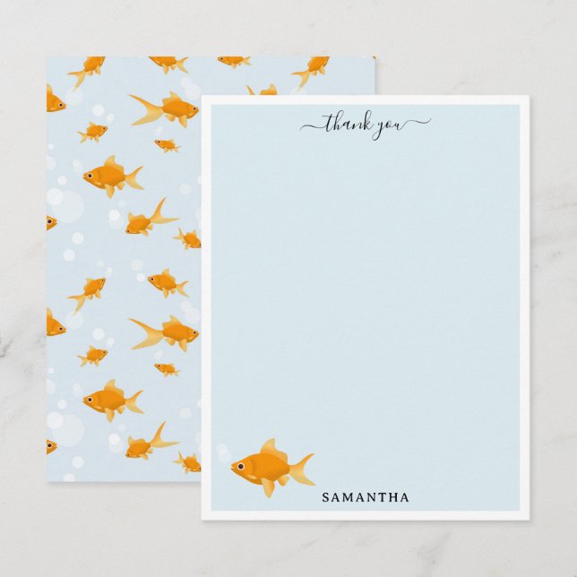 Carte De Remerciements Cute poisson d'or nager dans l'eau Nom personnalis (Devant / Derrière)