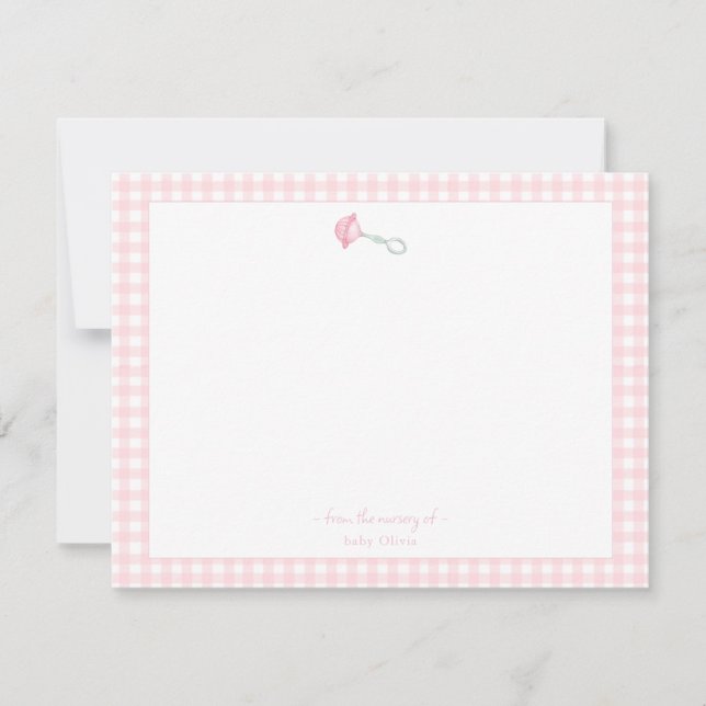 Carte De Remerciements Cute Rattle avec En vichy rose Frontière fille béb (Devant)