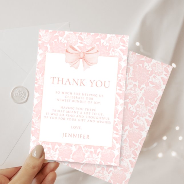Carte De Remerciements Cute ruban rose arc floral baby shower preppy (Créateur téléchargé)