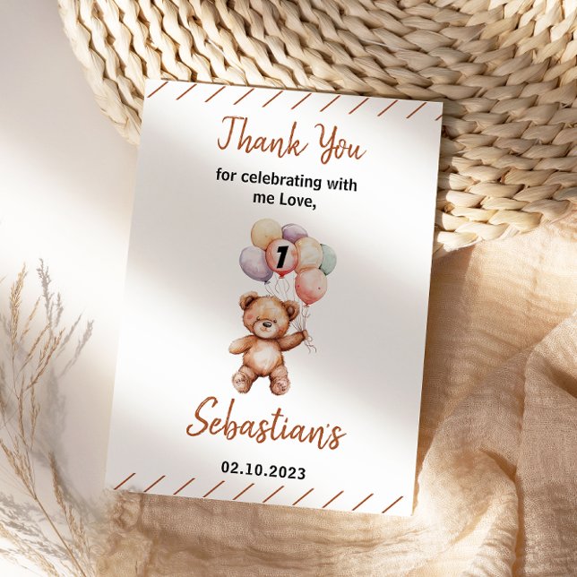 Carte De Remerciements Cute Teddy Bear 1st Birthday | Sweet Bear  (Cute Teddy Bear 1st Birthday | Sweet Bear Thank You Card
)