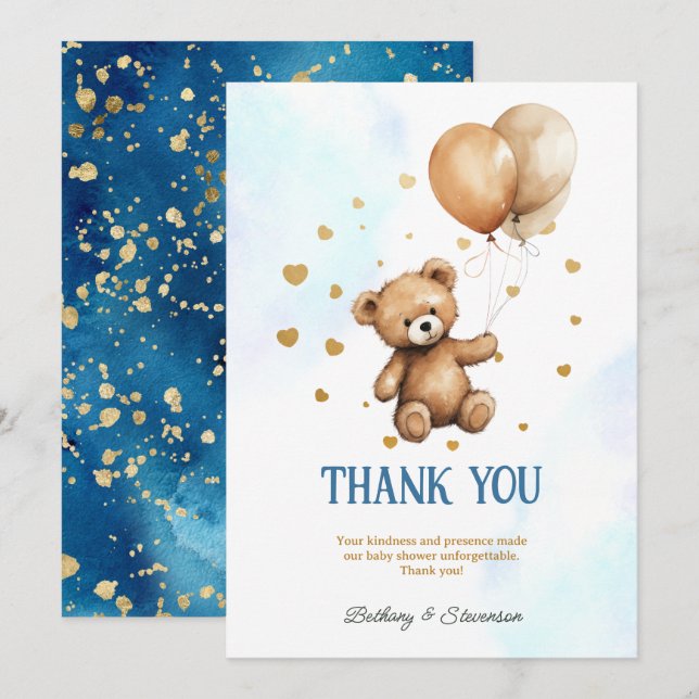 Carte De Remerciements Cute Teddy Bear Baby Boy Douche (Devant / Derrière)