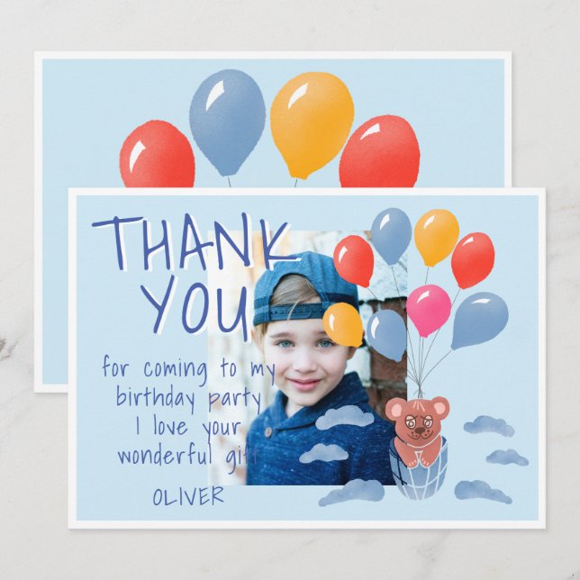 Carte De Remerciements Cute Teddy Bear Balloons Anniversaire de enfant Ph (Devant / Derrière)