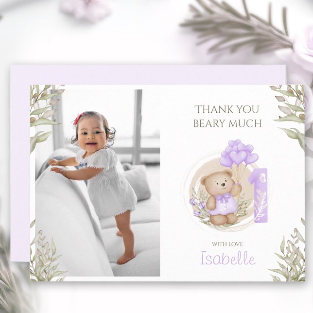 Carte De Remerciements Cute Teddy Bear Purple 1er Anniversaire Photo (Cute Teddy Bear Purple 1st Birthday Photo Thank You Card)