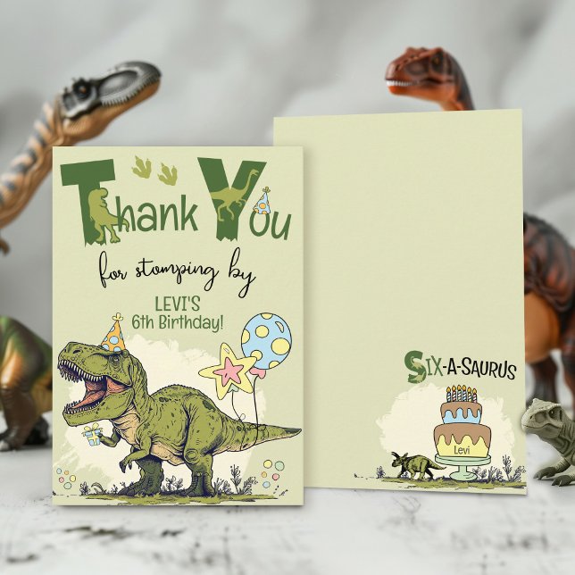 Carte De Remerciements Cute TRex Dinosaur Six-A-Saurus 6th Birthday Party (Cute 6-Rex T-Rex Dinosaur Six-A-Saurus sixth Jurassic Dino 6th boy birthday party thank you stomping)