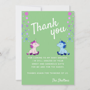 Carte De Remerciements Cute Unicorn Green Twins Baby shower garçon et fil