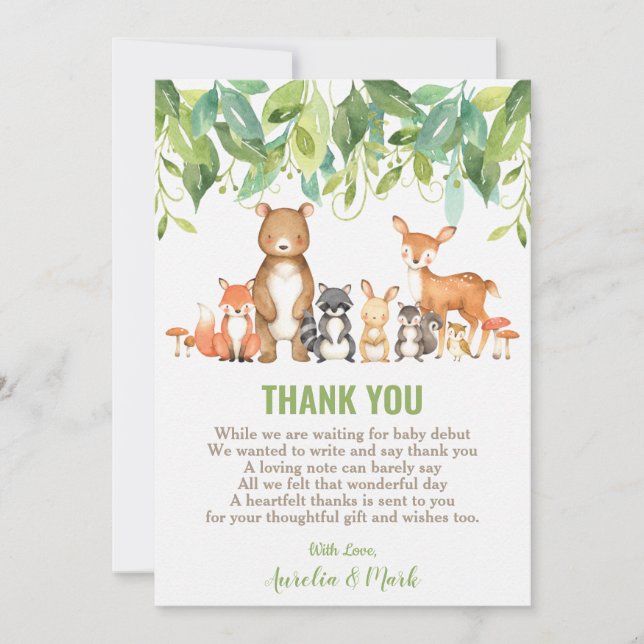 Carte De Remerciements Cute Woodland Animaux Baby shower Garçon Neutre (Devant)