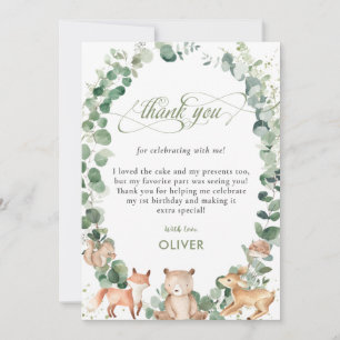 Carte De Remerciements Cute Woodland Animaux Végétation 1er Anniversaire 