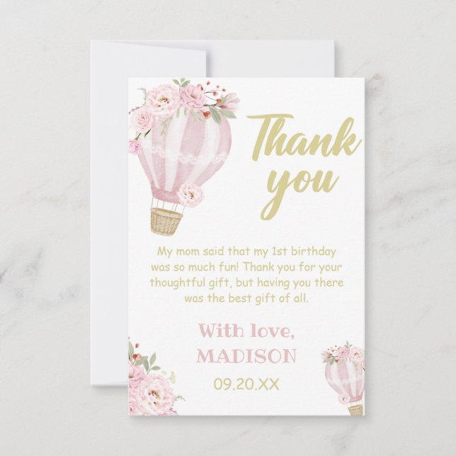 Carte De Remerciements Cuties Flower Hot Air Balloon Girl 1er anniversair (Devant)