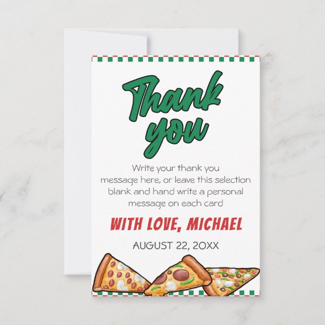 Carte De Remerciements Cuties Pizza Party Red Green Caro 5e anniversaire (Devant)