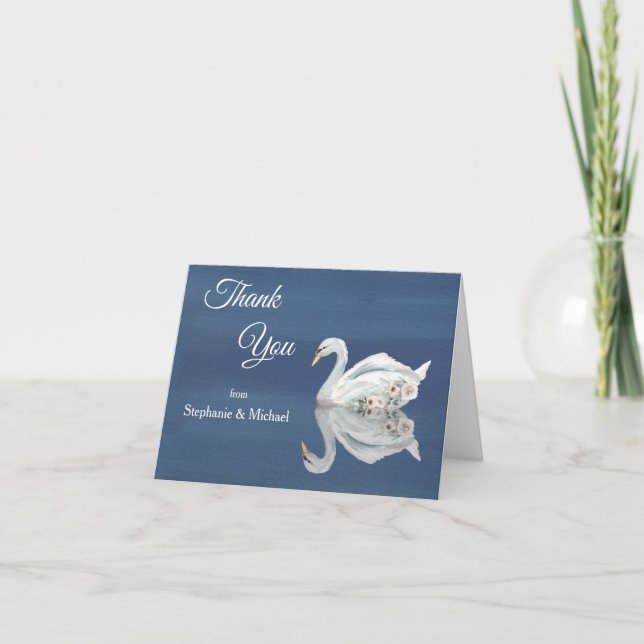 Carte De Remerciements Cygne floral blanc sur Mariage bleu (Devant)