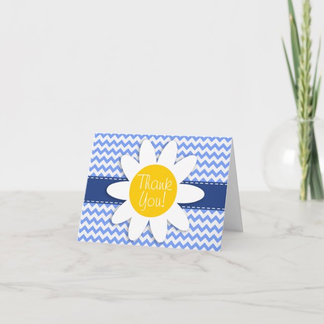 Carte De Remerciements Daisée de printemps ; Motif Chevron bleu (Devant)