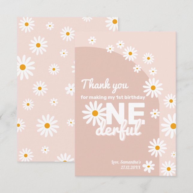 Carte De Remerciements Daisy rose Mlle onderful 1er anniversaire (Devant / Derrière)