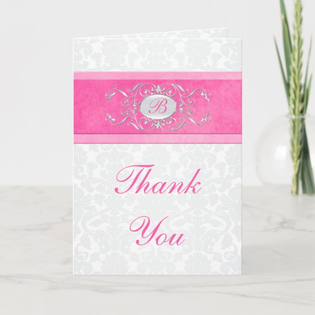 Carte de remerciements Damas rose, blanc et gris (Devant)